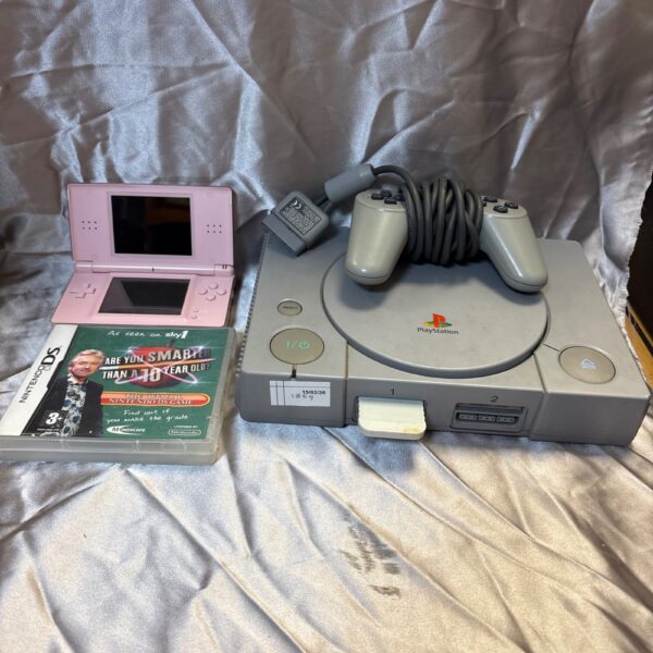 PlayStation One and Nintendo DS Lite console bundle for retro gaming.