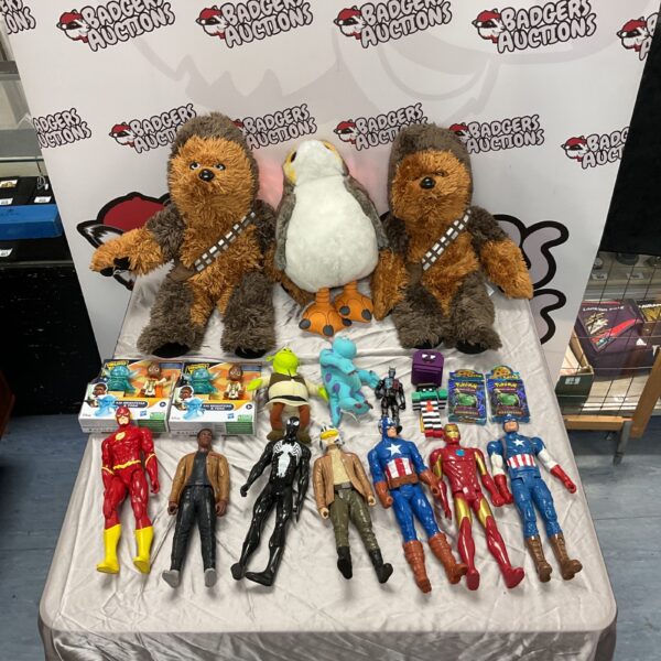 Plush and action figure lot featuring Chewbacca, Iron Man, and Captain America.