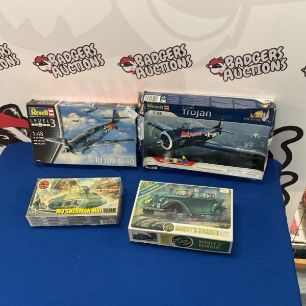 Vintage Revell and Airfix model kits lot including Bf109, Trojan, and Sherman.