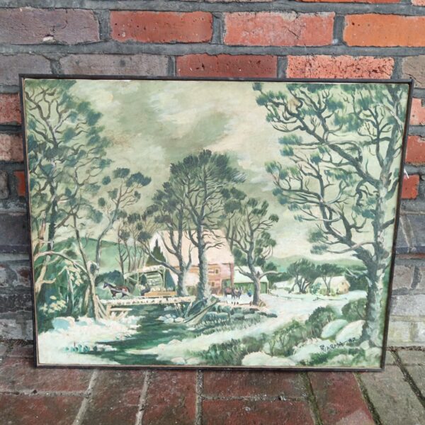 Vintage Riama oil painting of a country dwelling with figures and livestock.
