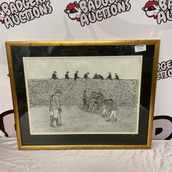 Vintage pencil drawing of the Eton wall game by Richard Wheeler.