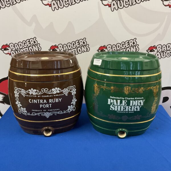 Royal Norfolk ceramic barrels depicting Ruby Port and Pale Dry Sherry.