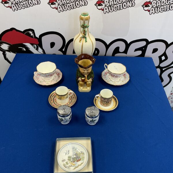 Vintage Royal Worcester egg coddlers in a mixed lot display.