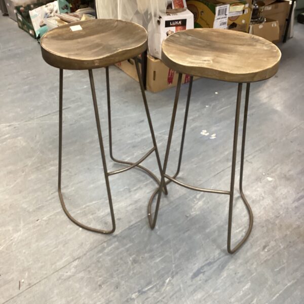 Pair of rustic wooden stools with metal frames for farmhouse decor.