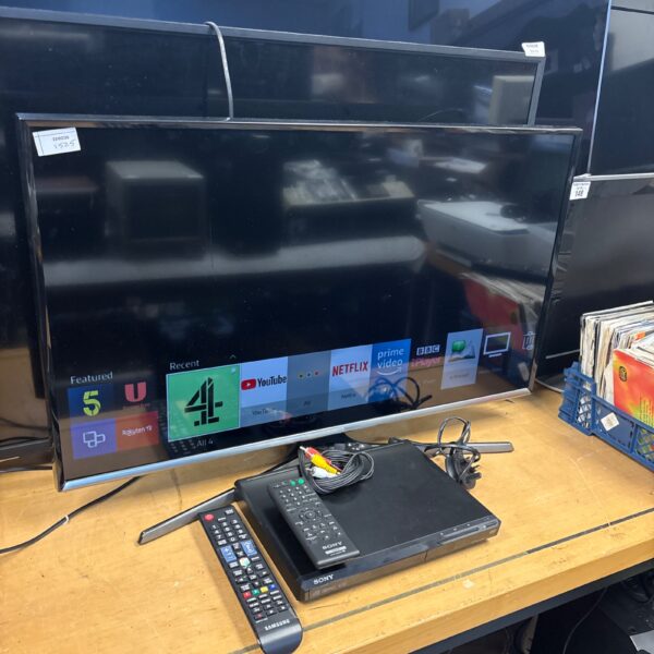 Samsung 32 inch smart TV and Sony DVD player for home entertainment.