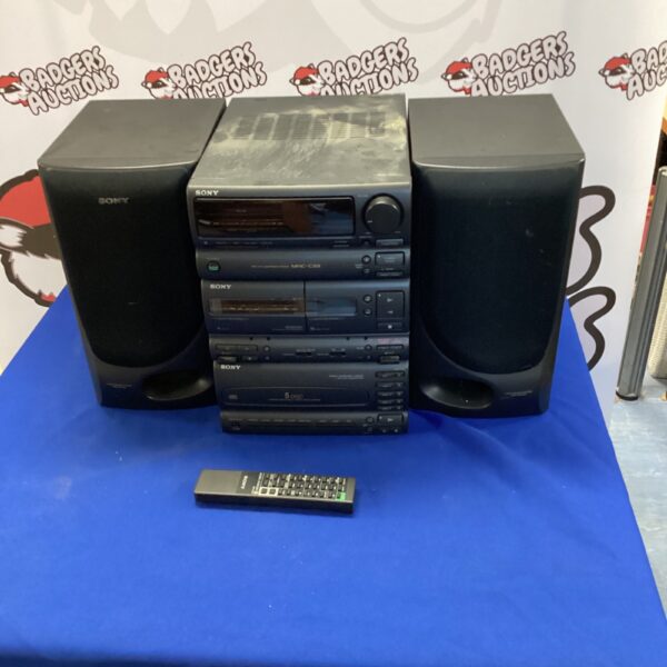 Sony MHC-C33 Hi-Fi system with speakers and remote control.