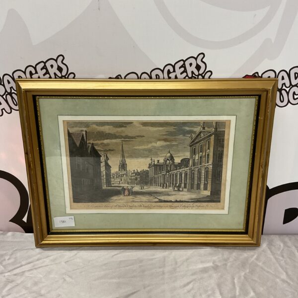 Antique 18th-century print of St Mary's Church and Queens College, Oxford.