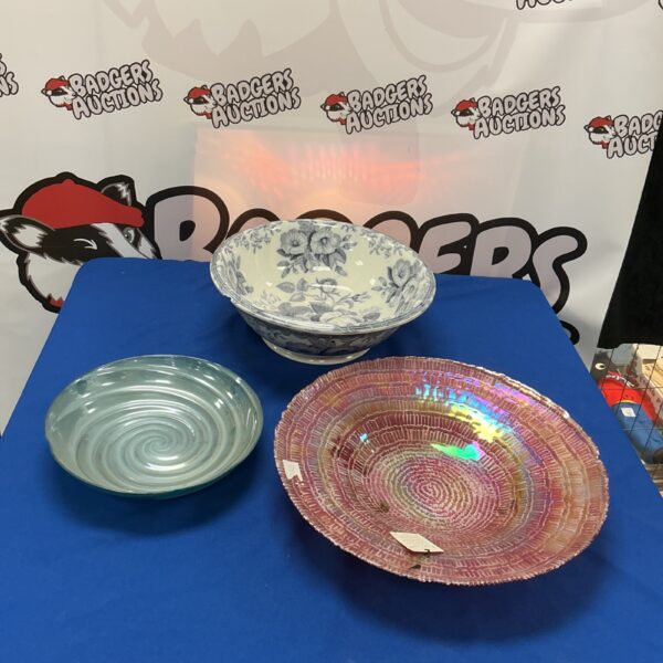 Vibrant studio art glass dishes and wash bowl set for collectors.