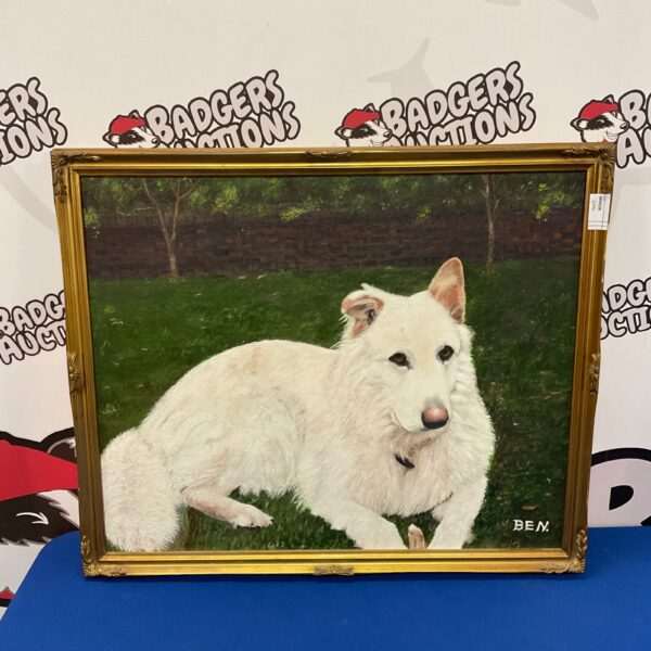 Original oil painting of a white Swiss Shepherd dog signed ben.