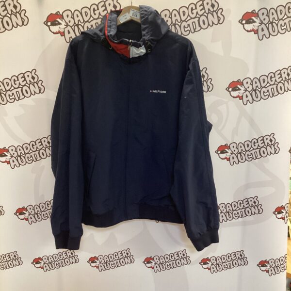 Tommy Hilfiger hooded jacket size L, blue and white outerwear.