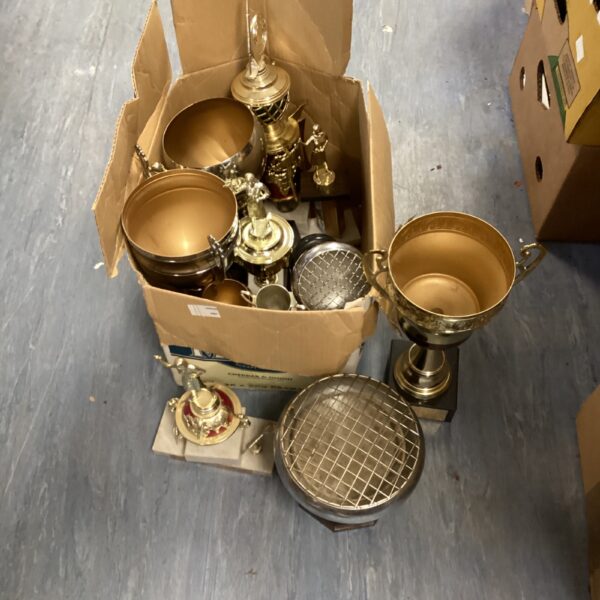 Vintage trophy and bowl lot with brass awards and rose bowls.