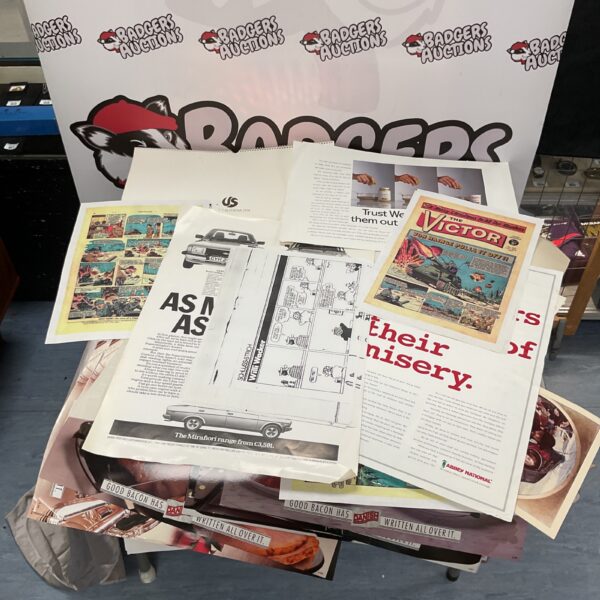 Vintage advertising posters featuring Ford and Danish Bacon branding.