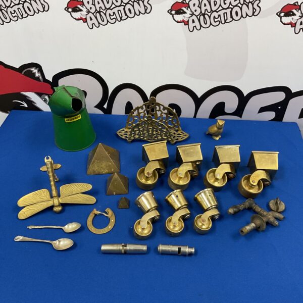 Vintage brassware lot with letter rack and oil can.