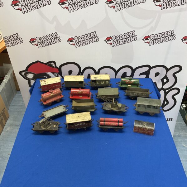 Vintage Meccano train trailers lot, collectible tinplate railwayana.