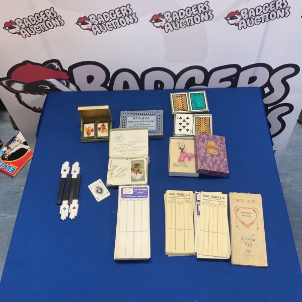 Vintage playing cards and Contract Bridge scoring pad lot.