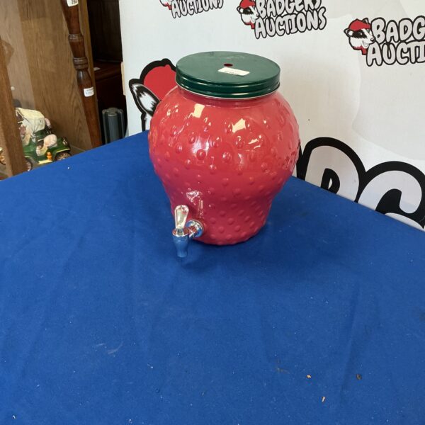 Vintage strawberry drinks dispenser with tap, retro kitchenware.