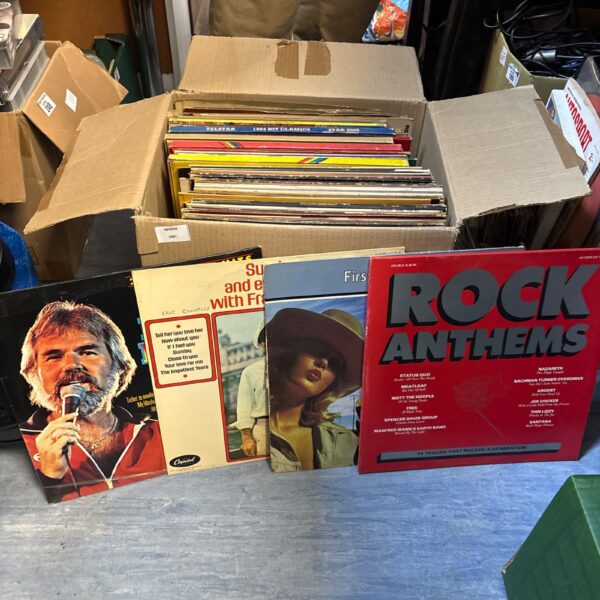 Mixed lot of vinyl records including Frank Sinatra and rock anthems.