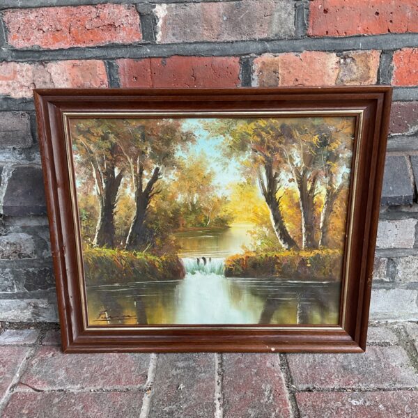 Signed woodland river oil painting, serene landscape art.