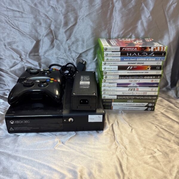 Xbox 360 E console with controllers and games bundle.