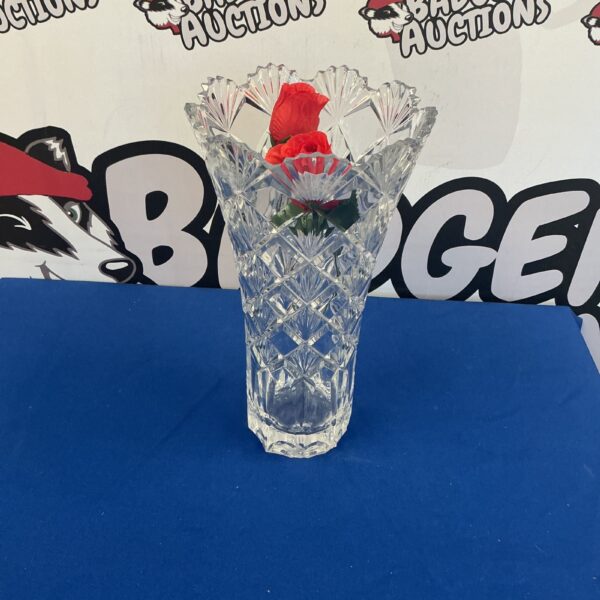 Intricate 14 inch tall vintage crystal vase for home decor.