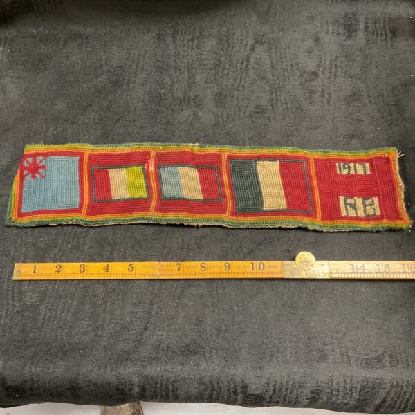 Vintage 1917 embroidered sweetheart banner with patriotic colours.