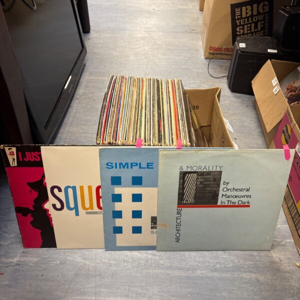 Stacked 1980s vinyl LP records, a vintage music collection.