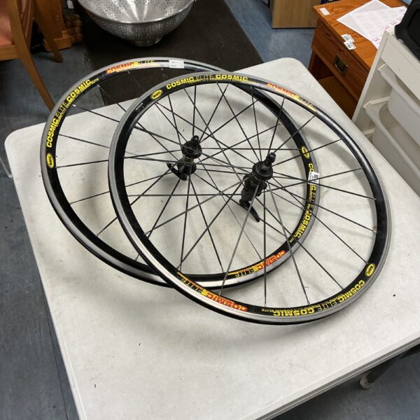 Silver 29 inch bike wheels with quick release mechanisms.