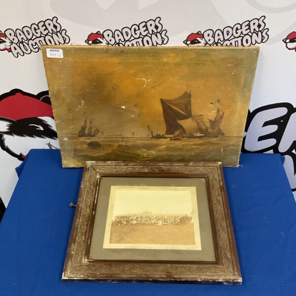 Antique oil painting of sailing ships in a seascape.