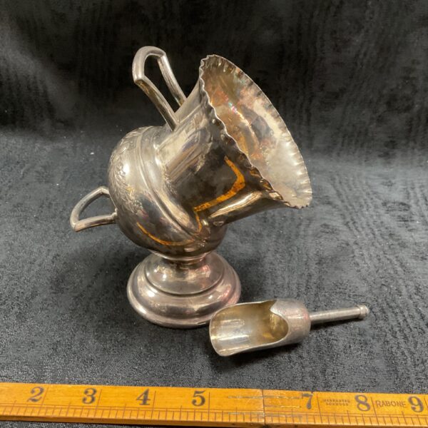 Antique silver plate sugar bucket with handle and spoon.