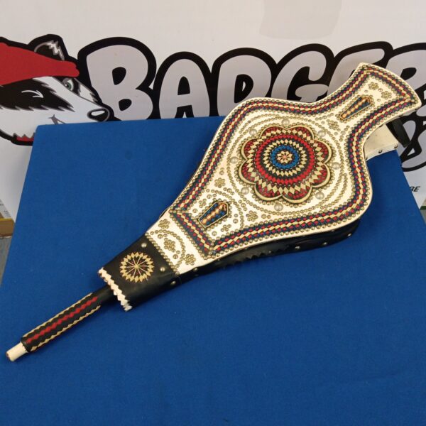 Antique studded and embroidered bellows, a beautiful folk art fireplace tool.