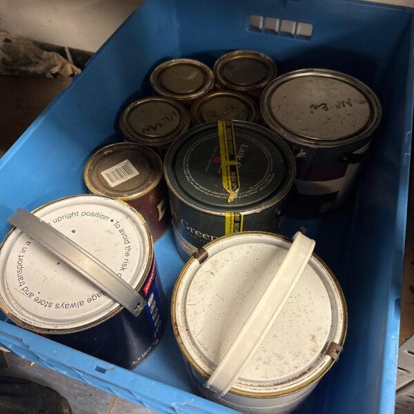 Mixed lot of assorted paint tins for DIY projects.