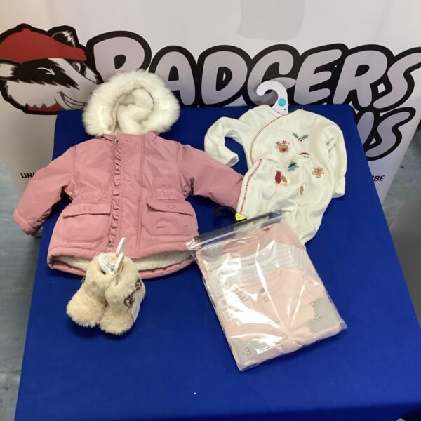 Pink quilted baby jacket with faux fur hood in a clothing bundle.
