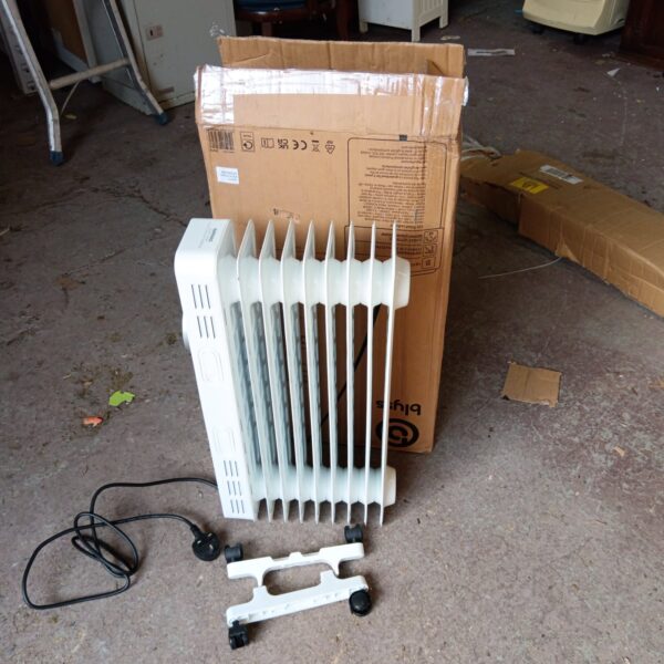 White Blyss oil filled radiator with castors for portable heating.