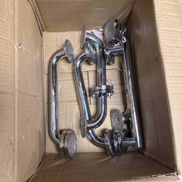 Chrome grab rails selection for bathroom accessibility and support.