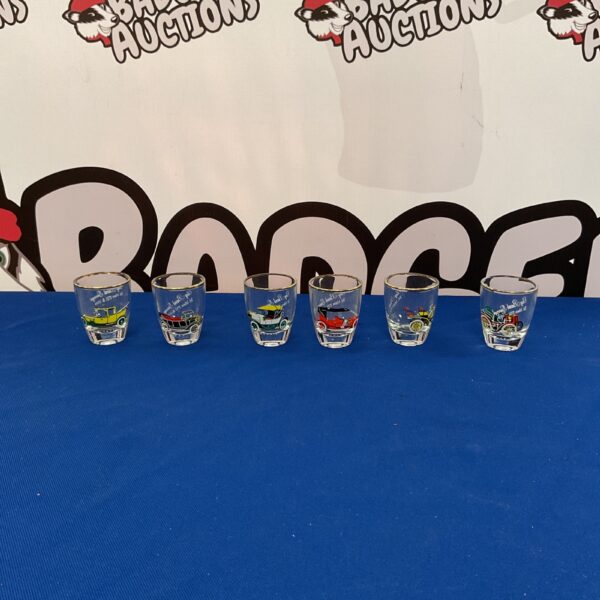 Set of six vintage Clay Bank Garage shot glasses with car illustrations.