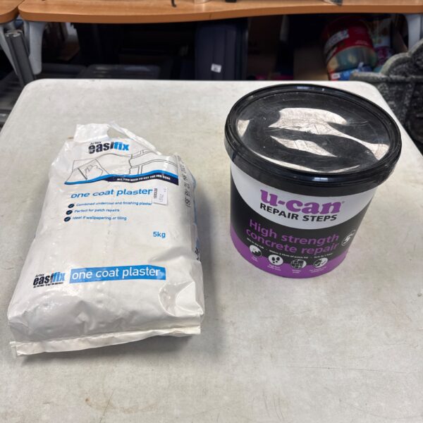 Easifix plaster and U-Can concrete repair unopened in packaging.