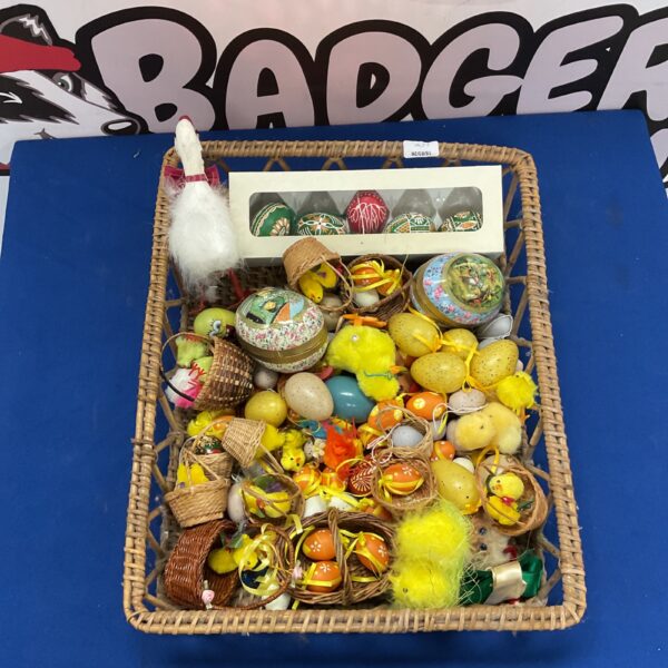 Colourful Easter eggs and chicks in a decorating lot.