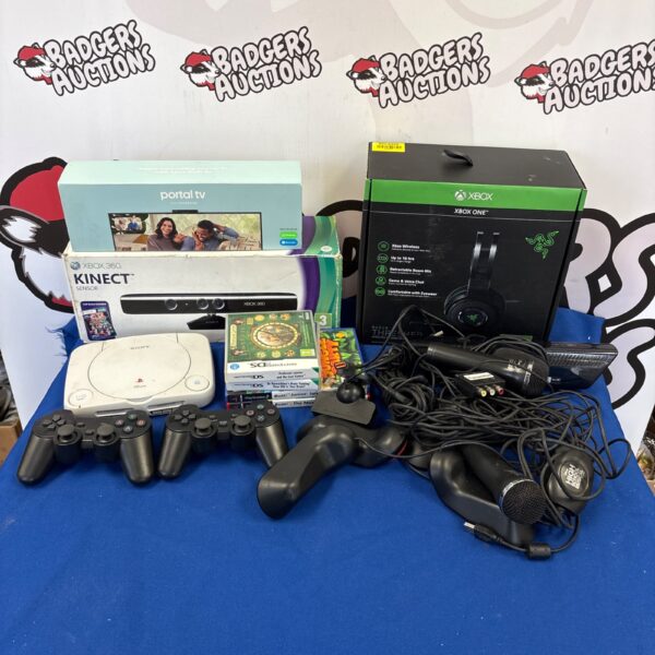 Gaming bundle with PlayStation, Xbox, and accessories.