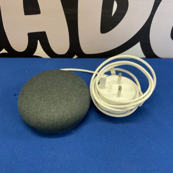 Charcoal grey Google Nest Mini smart speaker with power cable.