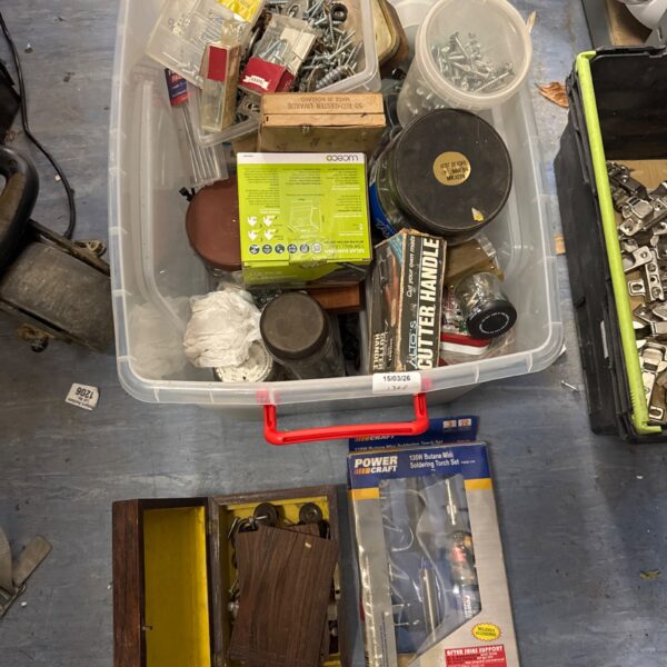 Mixed hardware lot with Powercraft butane soldering torch set.