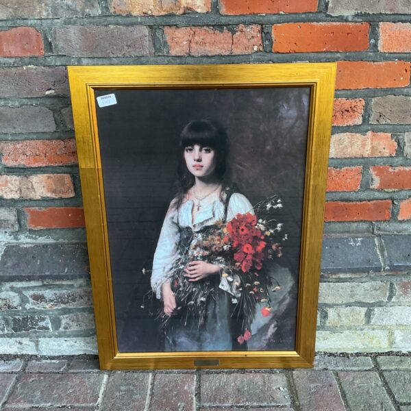 Vintage Harlamoff flower girl print in a gilt frame.