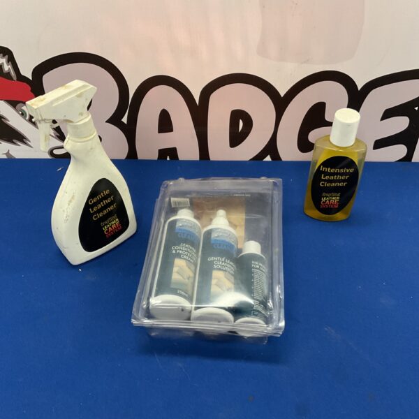 Sealed leather cleaning kit with spray and conditioner.