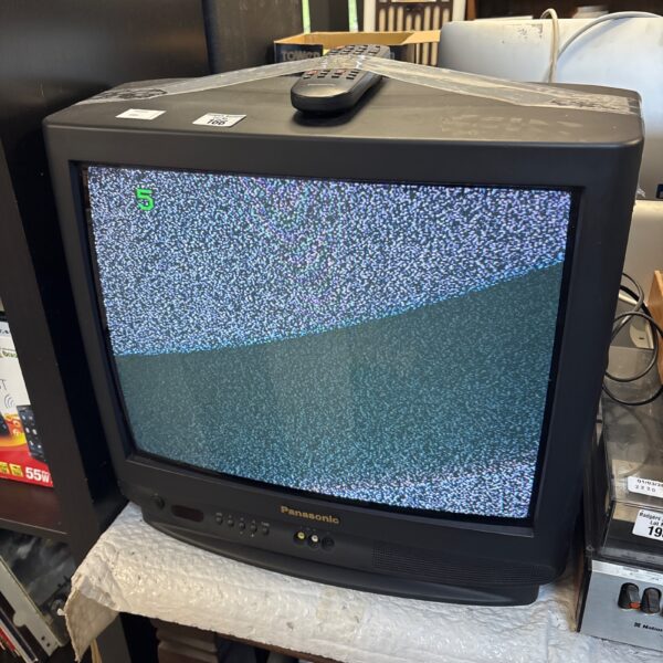 Front view of a vintage Panasonic CRT television with distortion.