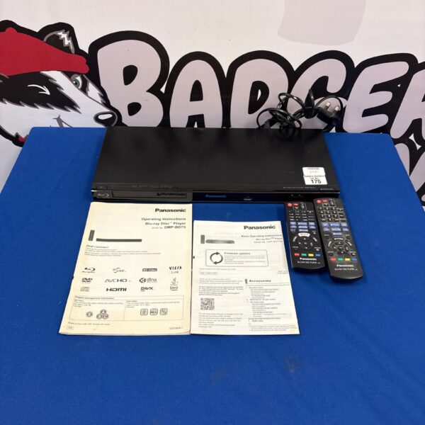 Panasonic DMP-BD75 Blu-ray player with remote and manuals included.