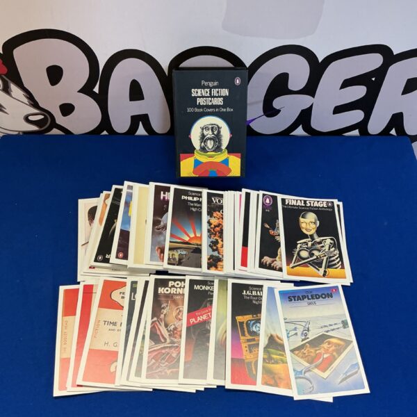 Box of vintage Penguin science fiction postcards with colourful book covers.