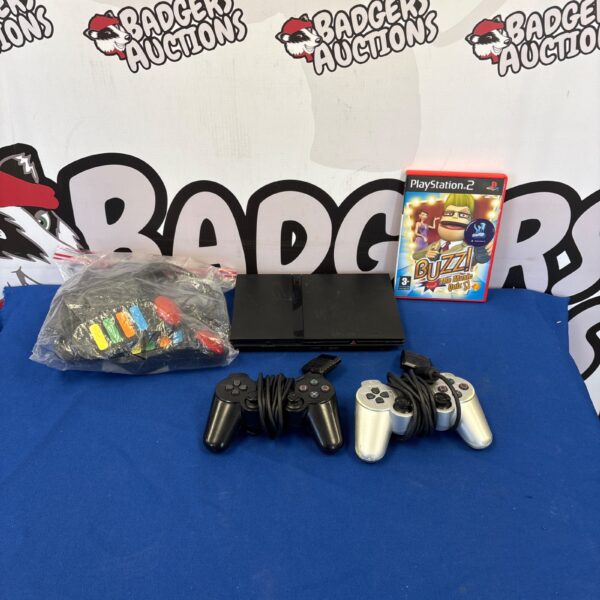 Sony PS2 Slim console bundle with controller and Buzz game for retro gaming.