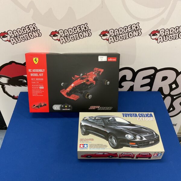 Rastar Ferrari SF1000 and Tamiya Celica GT-Four RC model kit lot.