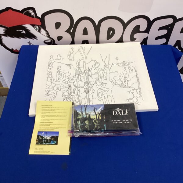 Salvador Dali paint set with canvas and art supplies.