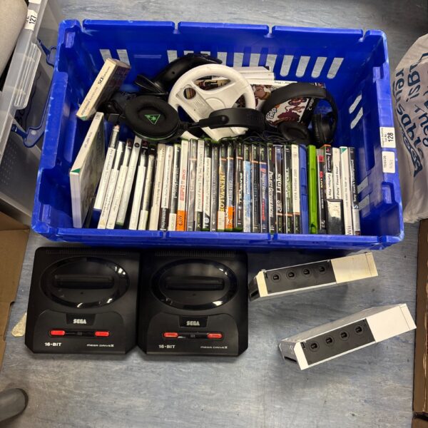 Crate filled with Sega Mega Drive games for retro gaming.