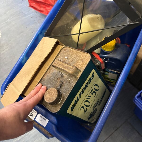 Shed clearance lot with Halfords Classic Motor Oil visible.